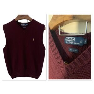 Vtg Polo Ralph Lauren Mens V Neck Sweater Vest w Pony Burgundy Preppy Academia M